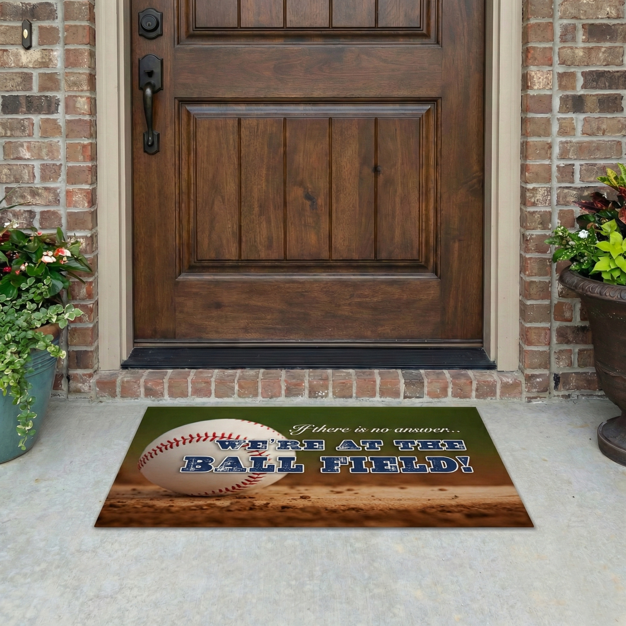 We're at the Ball field doormat with baseball design and text in front of a wooden door.