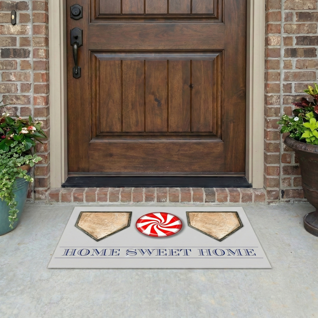Doormat with baseball design and 'Home Sweet Home' text in front of a wooden door.