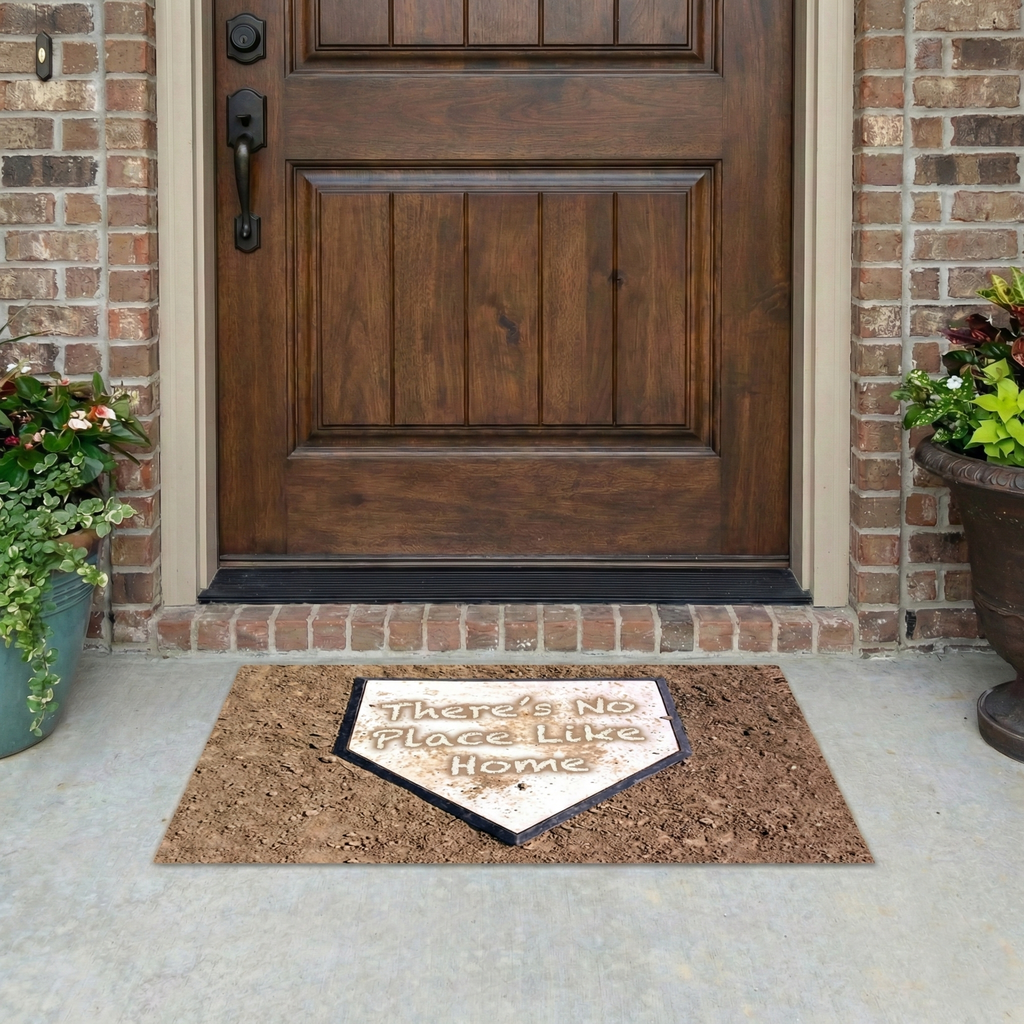 Baseball home plate doormat with 'There's No Place Like Home' text in front of a wooden door on a porch.