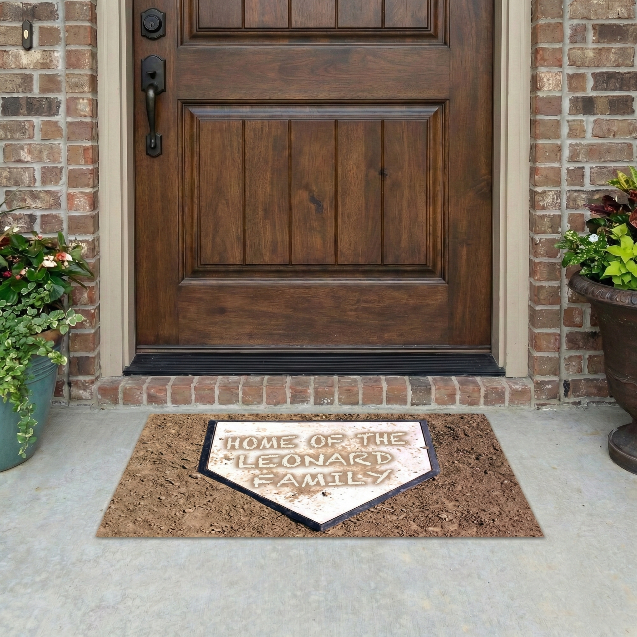 Front door with a baseball home plate doormat featuring 'Home of the Leonard Family' text on a porch.