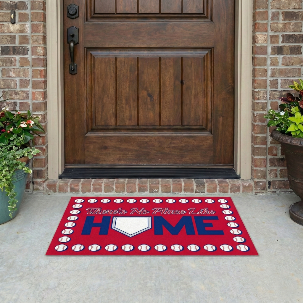 Red doormat with baseball design and 'Home' text in front of a wooden door.