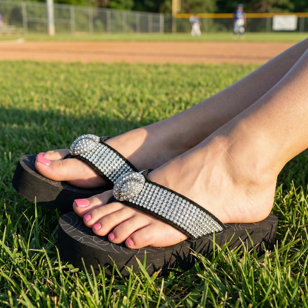 Black crystal baseball sandals with silver embellishments on grass, with a baseball field in the background