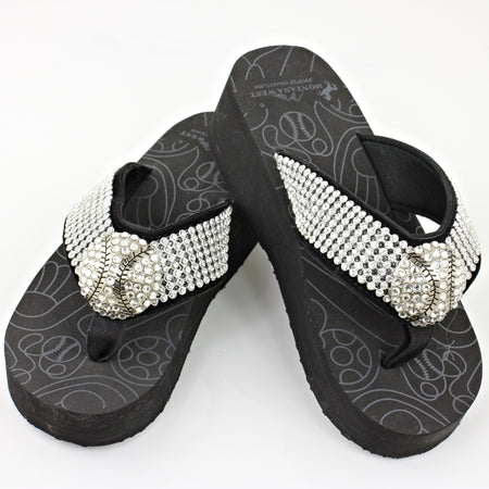 Black baseball flip-flops with silver rhinestone embellishments on a white background