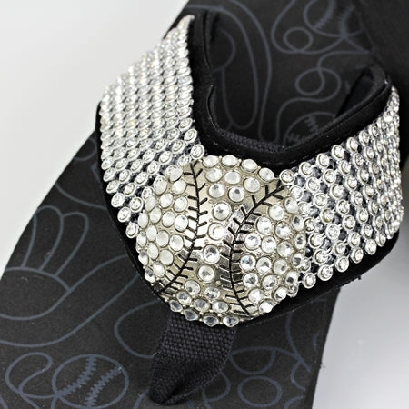 Black crystal baseball flip flop sandal shoe on a white background