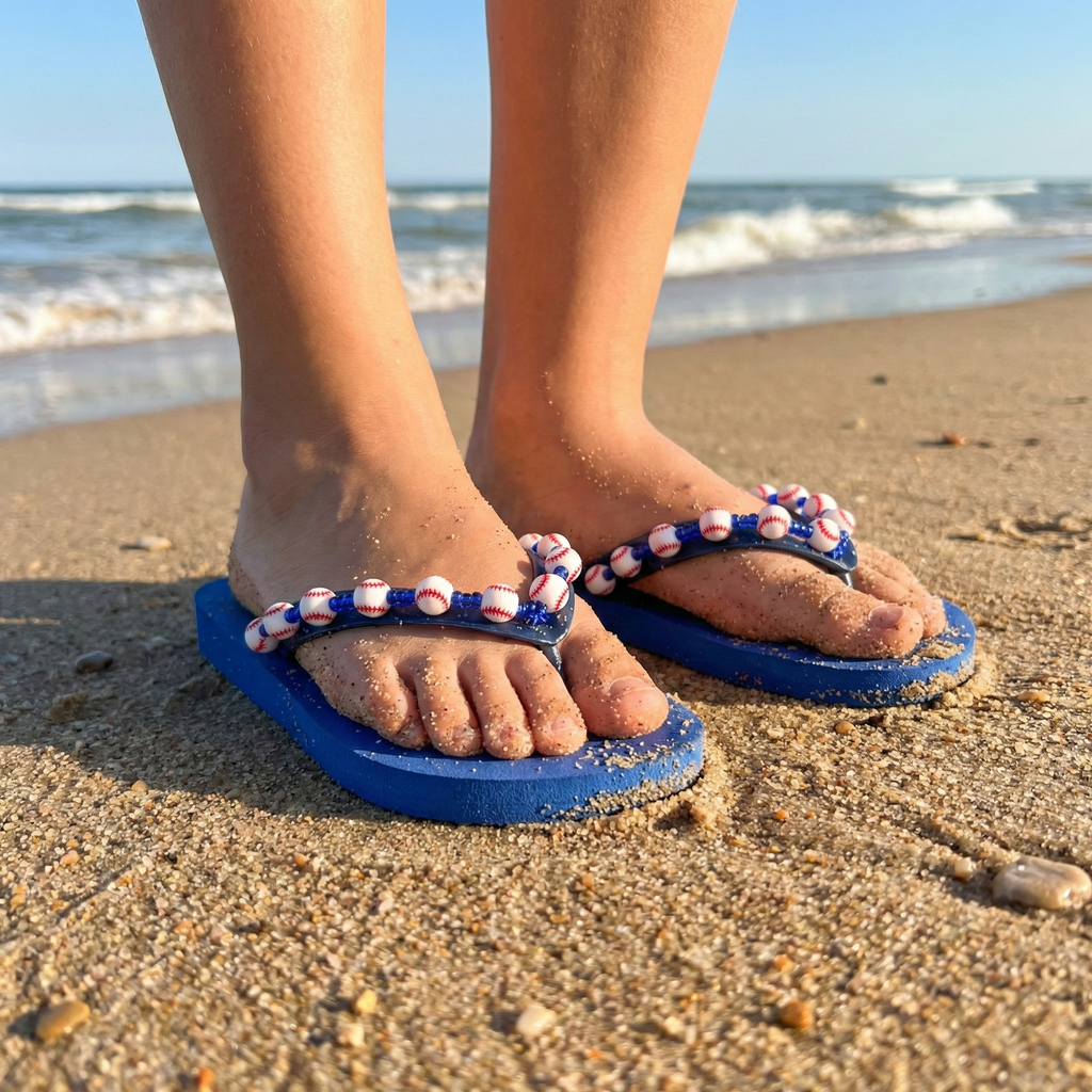 Blue baseball bead flip-flops with decorative straps worn on a sandy beach.