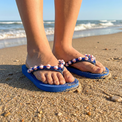 Blue baseball bead flip-flops with decorative straps worn on a sandy beach.