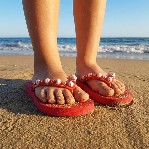 Red flip-flops with white baseball beads on a sandy beach with ocean waves in the background