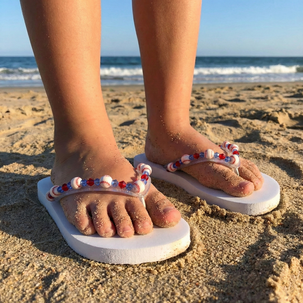 Feet wearing white sandals with decorative baseball bead straps on a sandy beach.