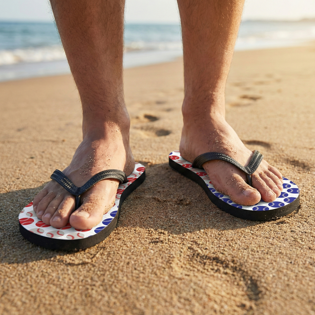 Person wearing USA baseball flag flip-flops with a beach background