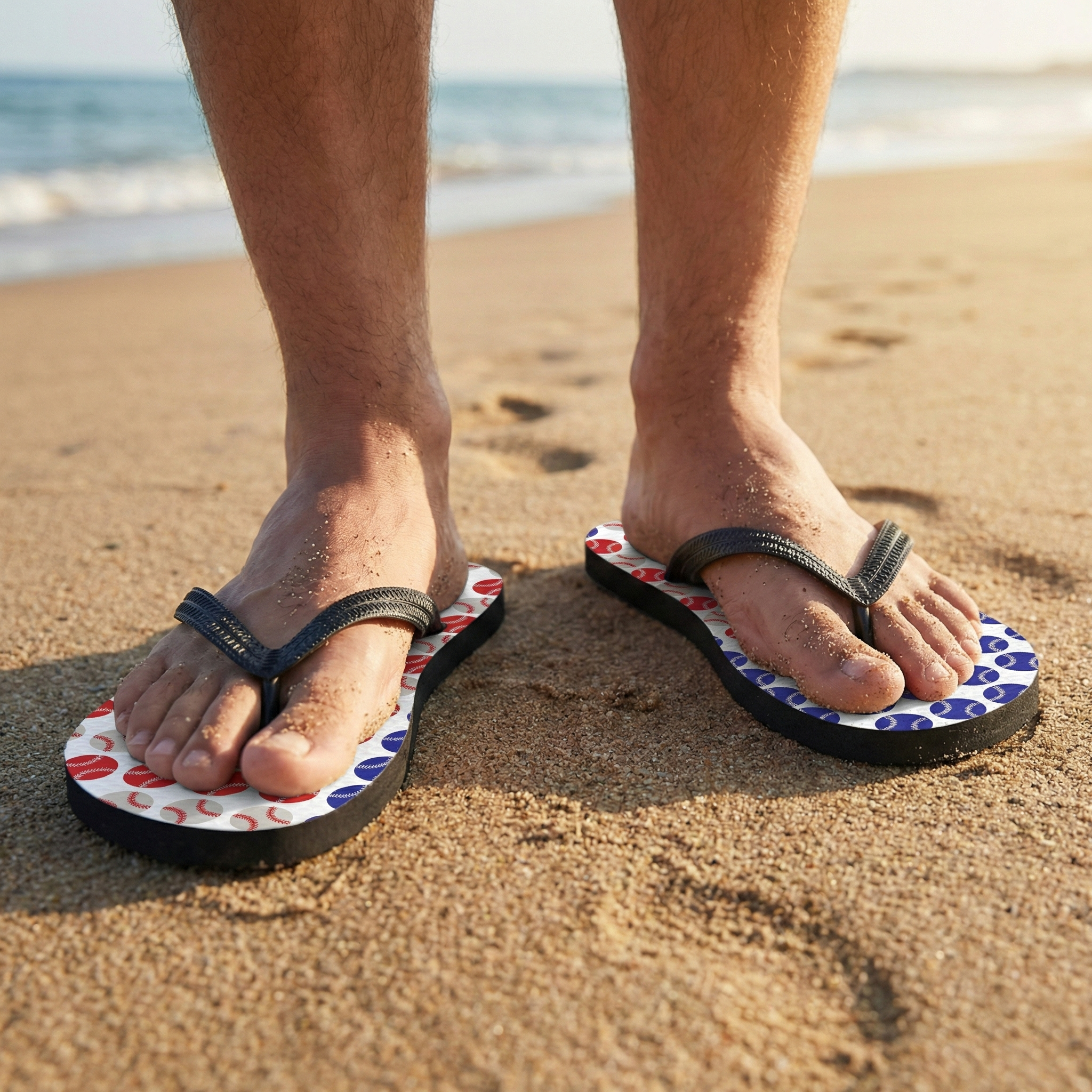 Person wearing USA baseball flag flip-flops with a beach background
