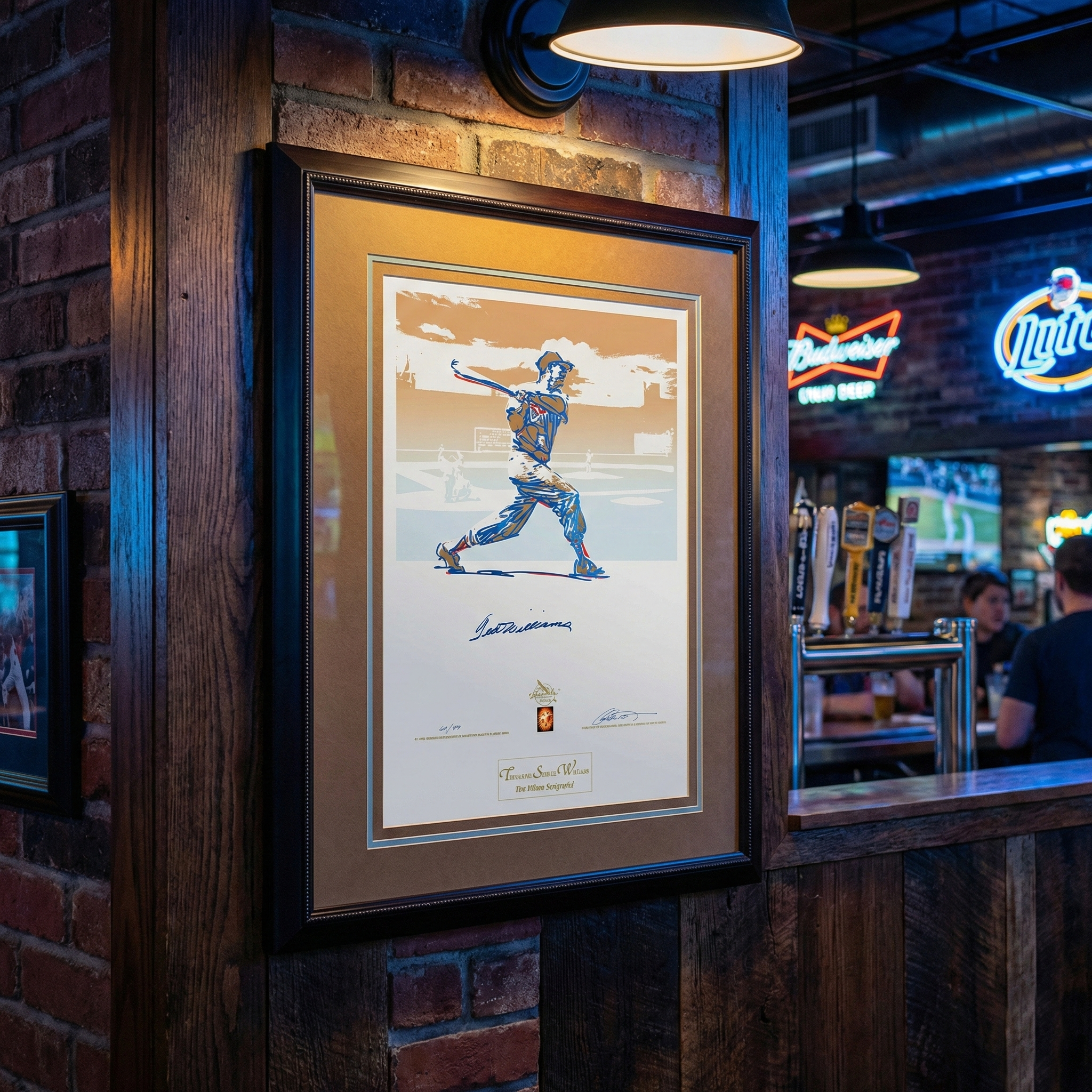 Framed Gold Ted Williams Signed Autographed Serigraph Print by Carlo Beninati on a brick wall in a bar setting