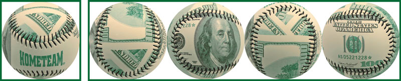 Baseball with dollar bill design on a white background