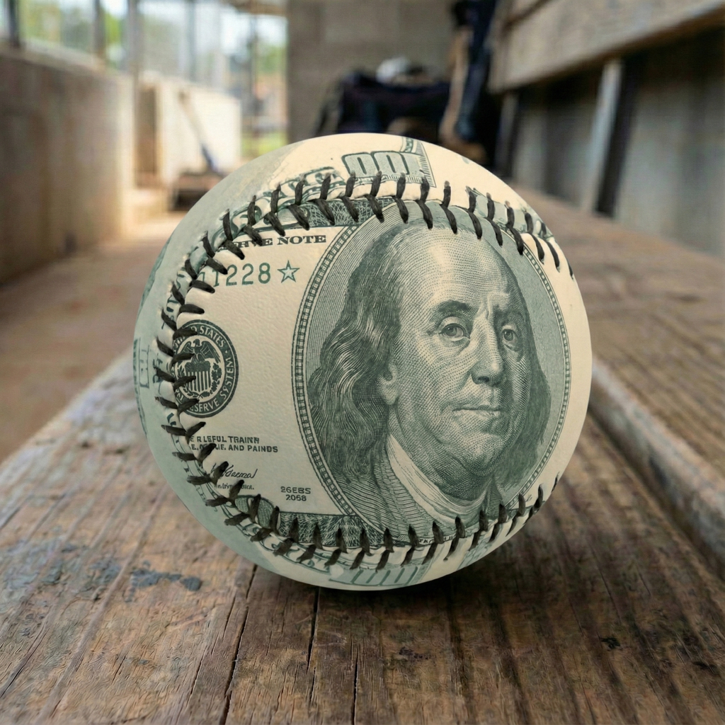 Ben Franklin baseball with a $100 bill wrapped around it on a wooden baseball dugout bench
