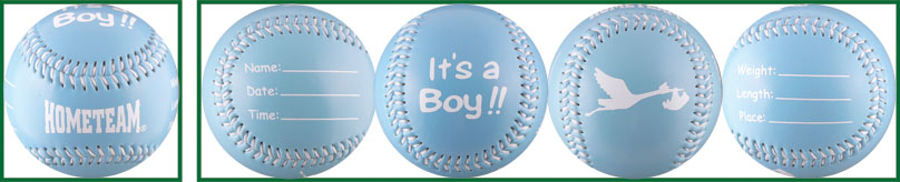 Set of light blue baby boy baseballs with text and branding