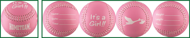Set of pink baby baseballs with 'It's a Girl!' text and graphics on a white background