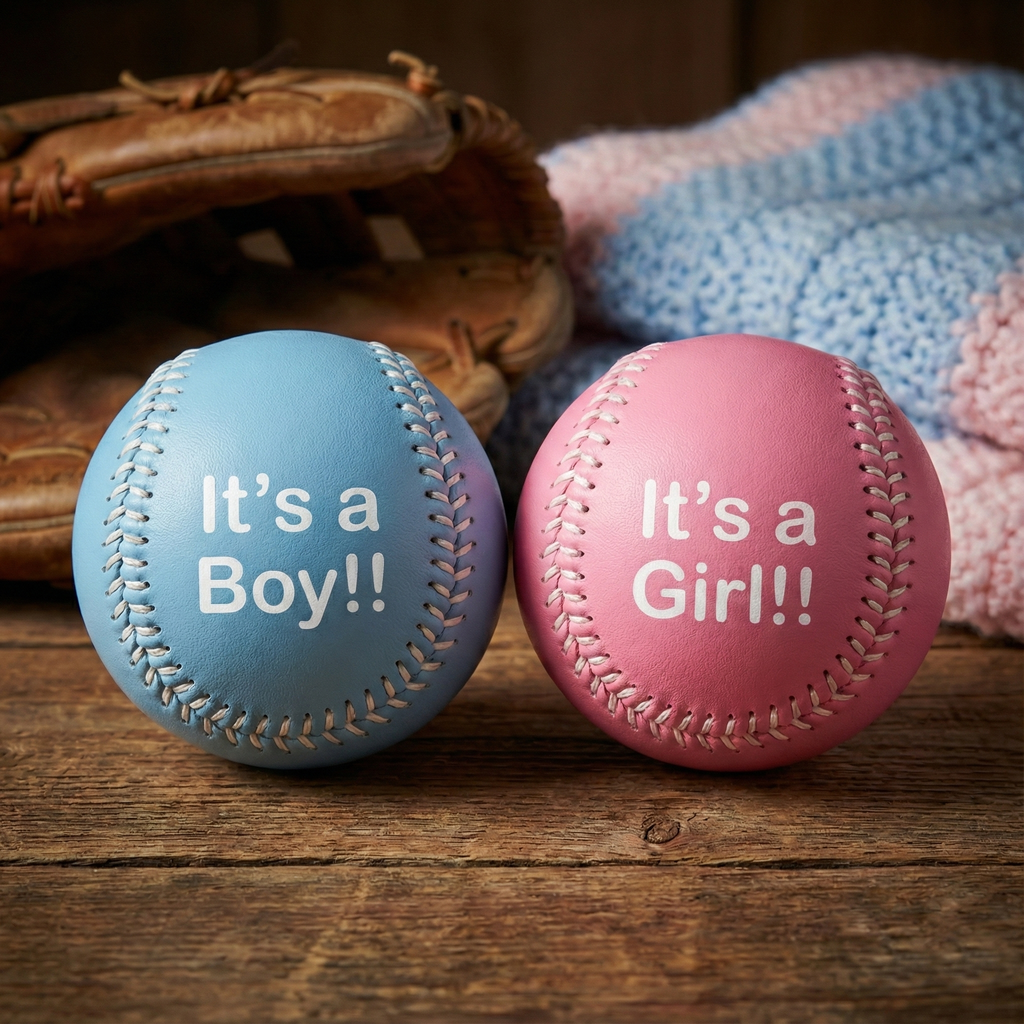 Two baseballs, one blue and one pink, with 'It's a Boy!!' and 'It's a Girl!!' text on a wooden surface.