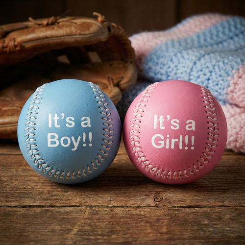 Two baseballs, one blue and one pink, with 'It's a Boy!!' and 'It's a Girl!!' text on a wooden surface.