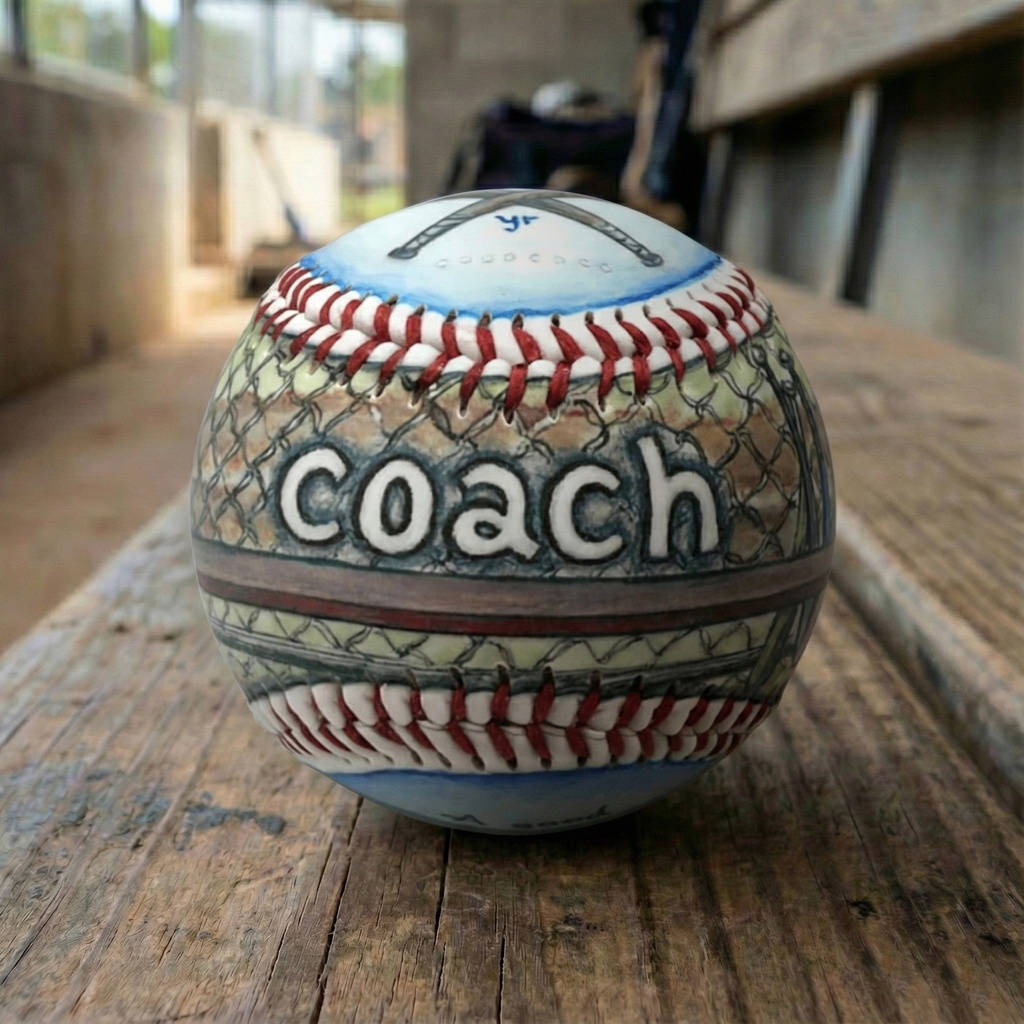 Baseball Coach Gift Baseball on a wooden bench in a baseball dugout