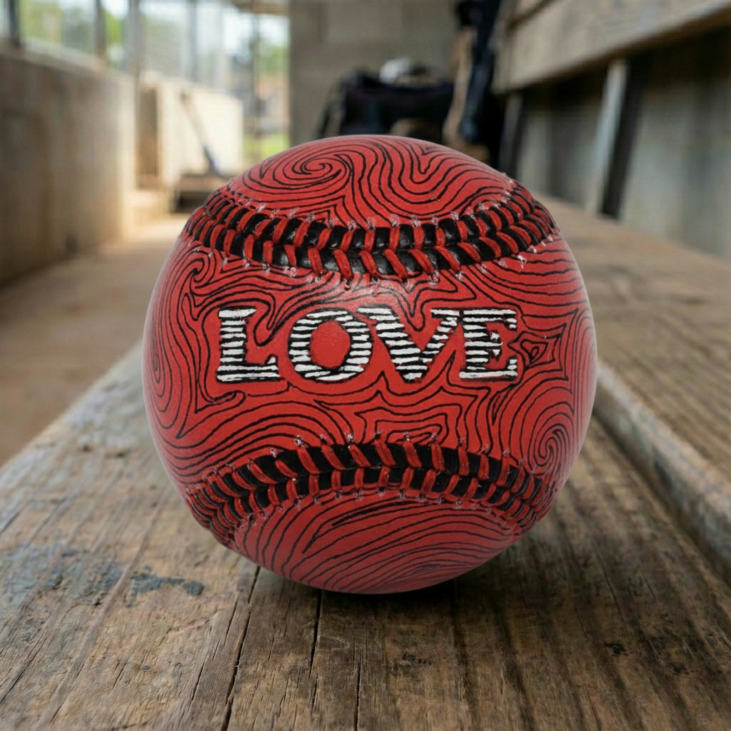 Red baseball with 'LOVE' engraving on a wooden dugout bench