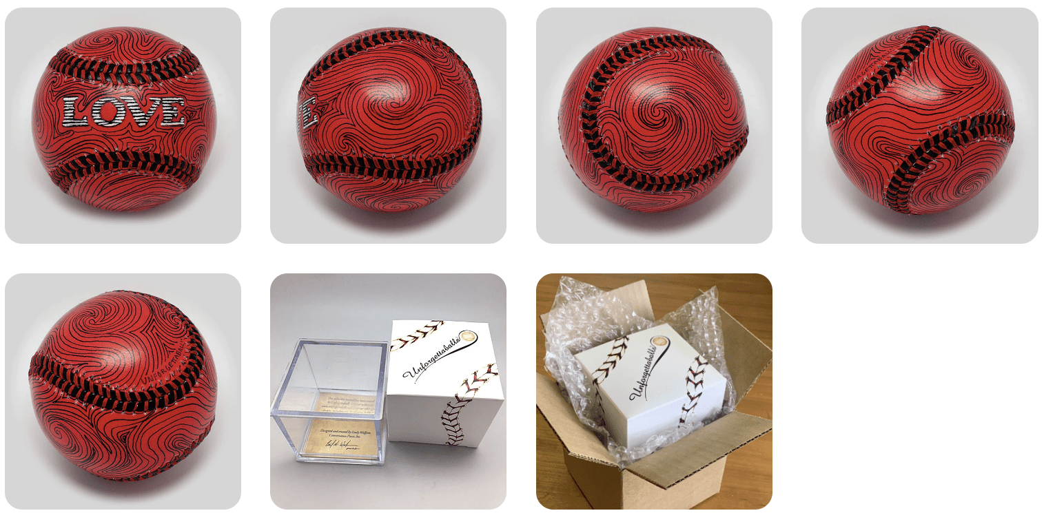Red baseballs with black patterns and 'LOVE' text, displayed on a white background.