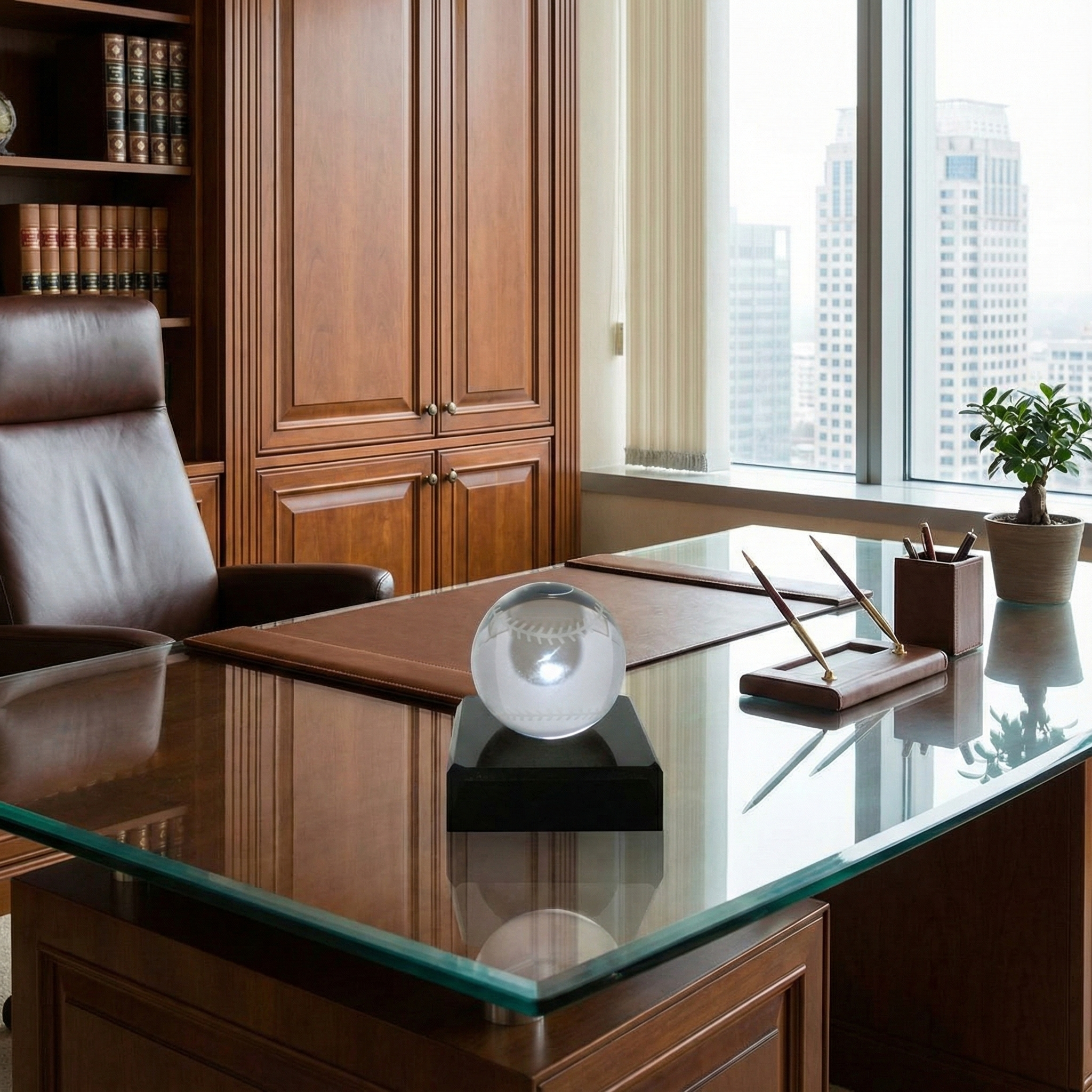 Crystal baseball paperweight on a glass desk in a modern office with wooden cabinets and a cityscape view.