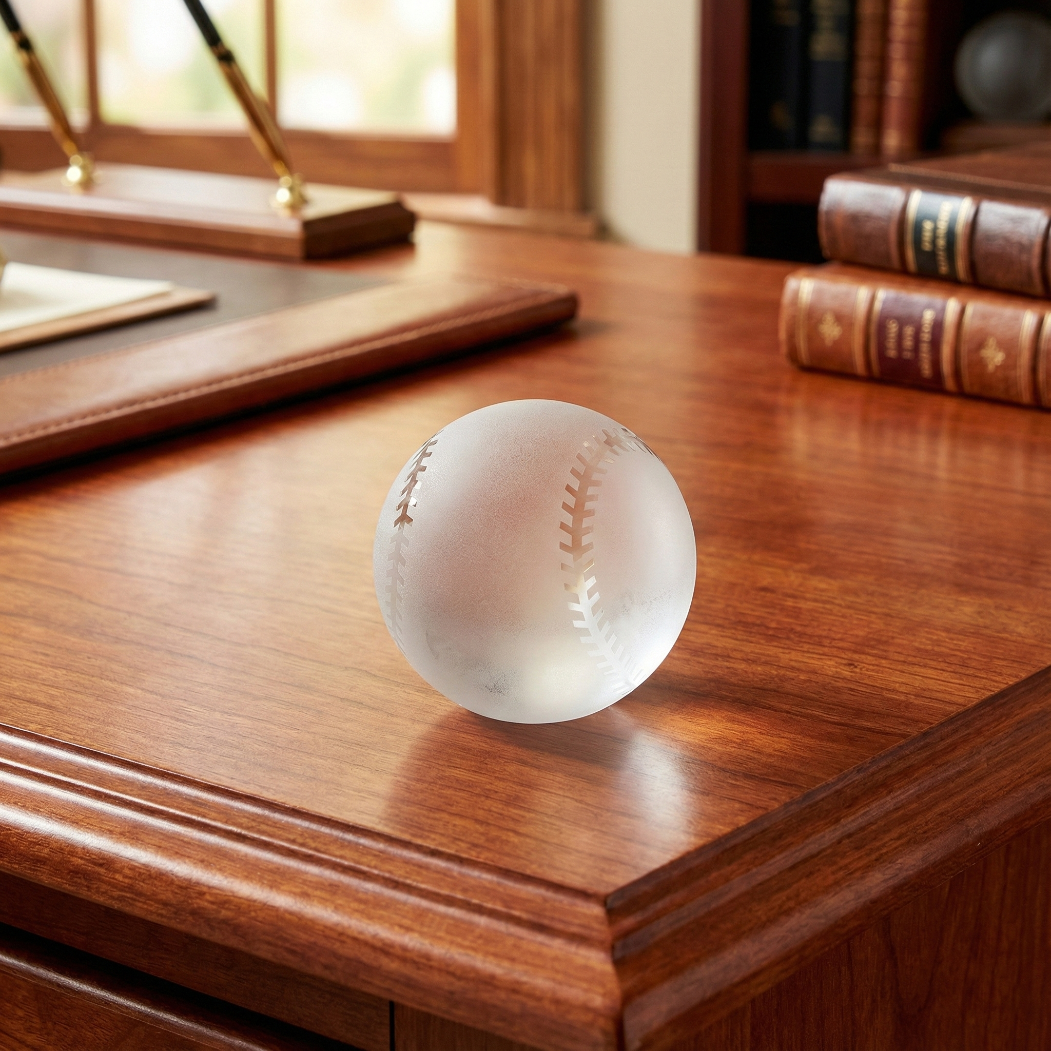 Crystal glass baseball paperweight on a wooden desk with books in the background
