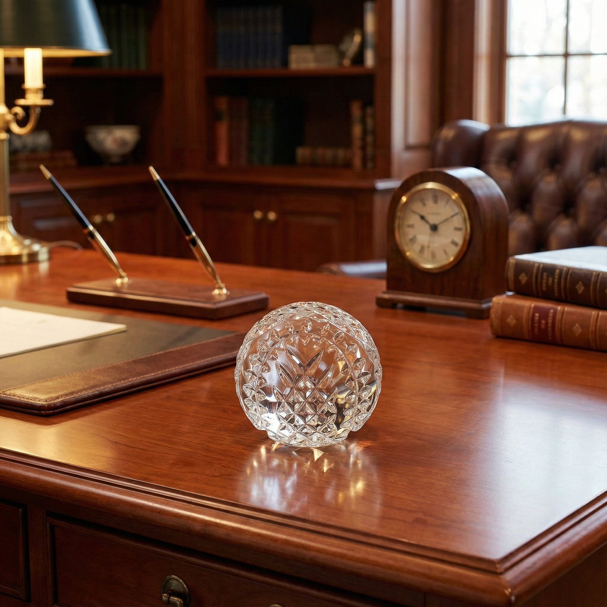 Wooden desk with a Waterford crystal baseball, clock, and books in an office setting.