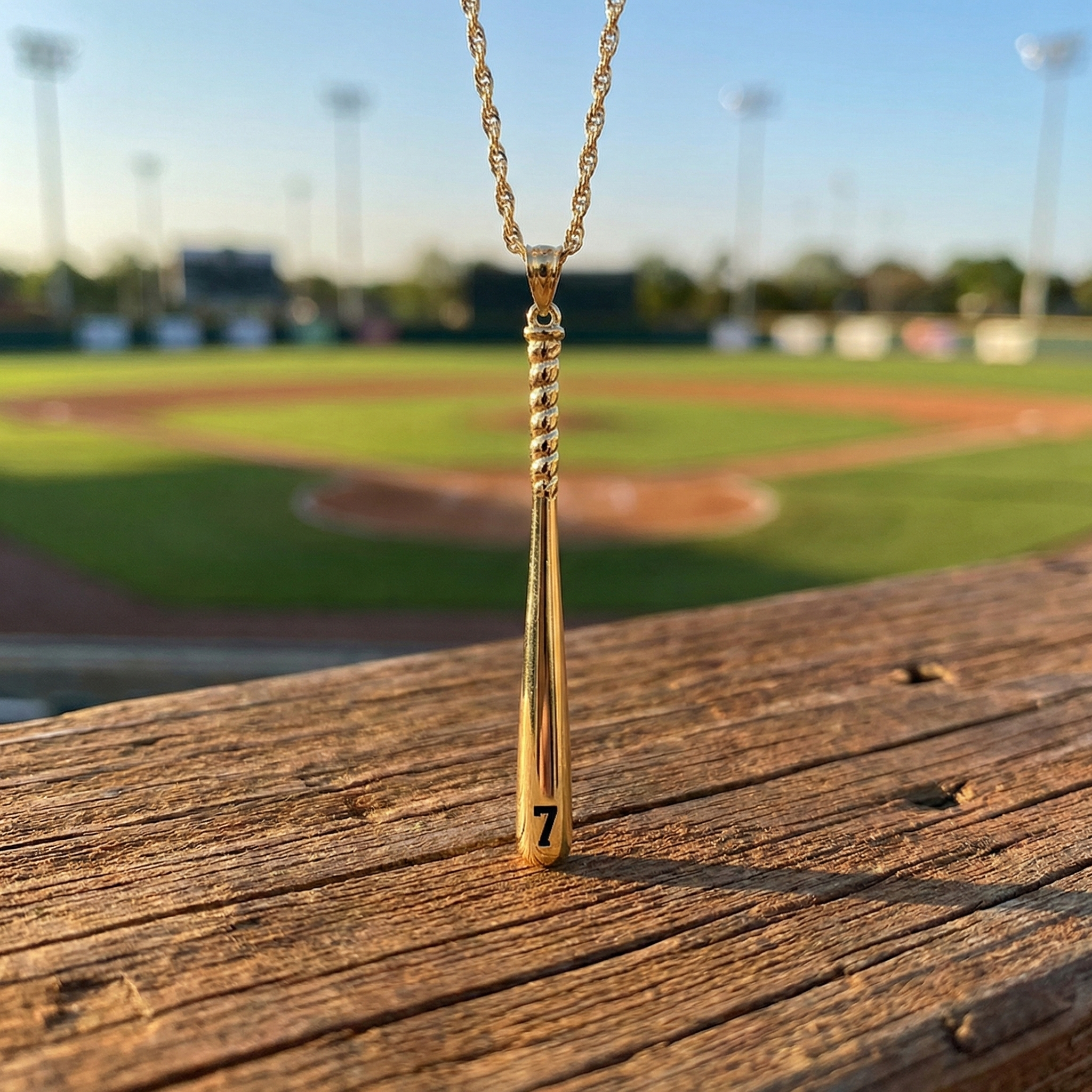 Gold necklace with a baseball bat number 7 pendant on a wooden surface with a baseball field in the background