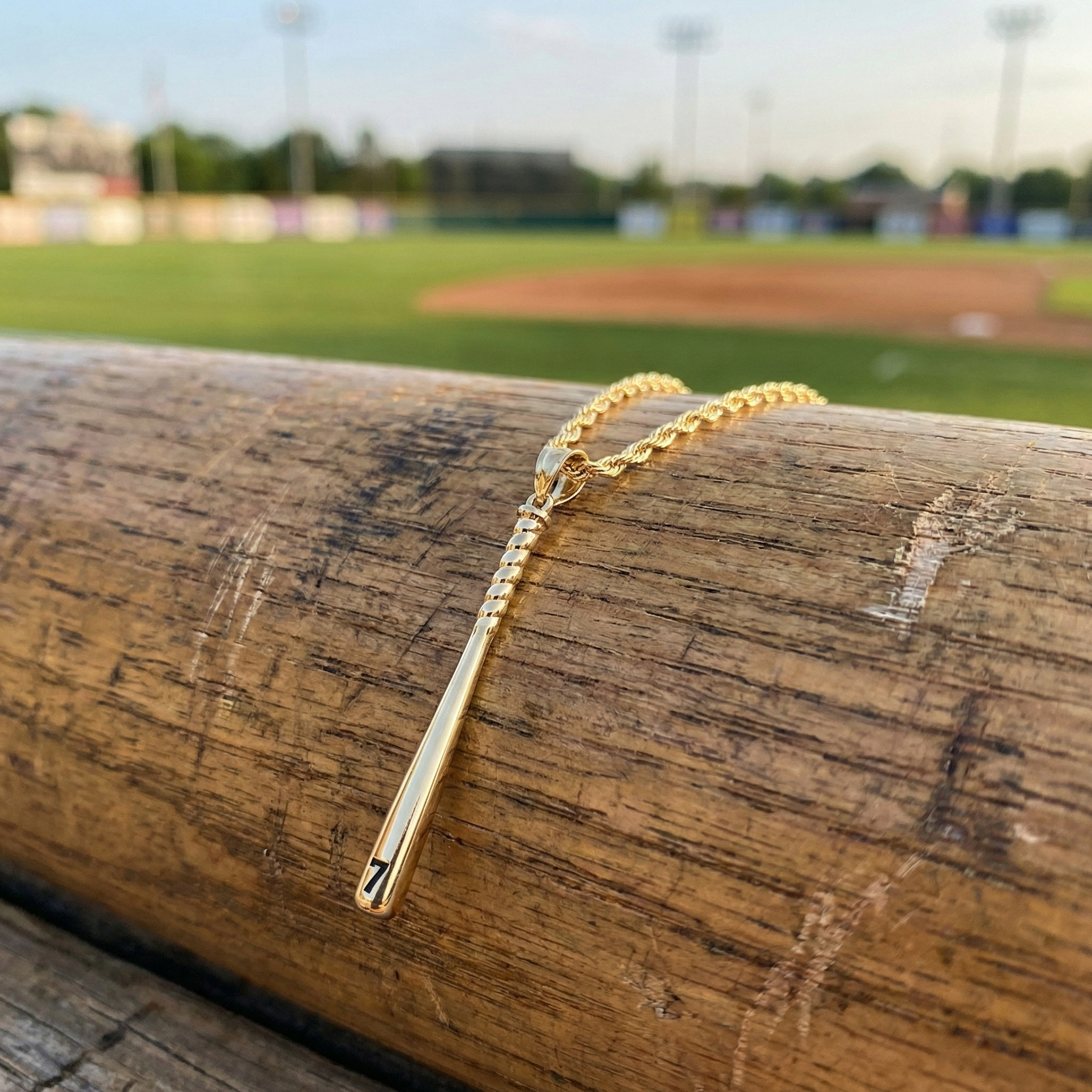 Gold necklace with a baseball bat number 7 pendant on a wooden baseball bat at a baseball field.