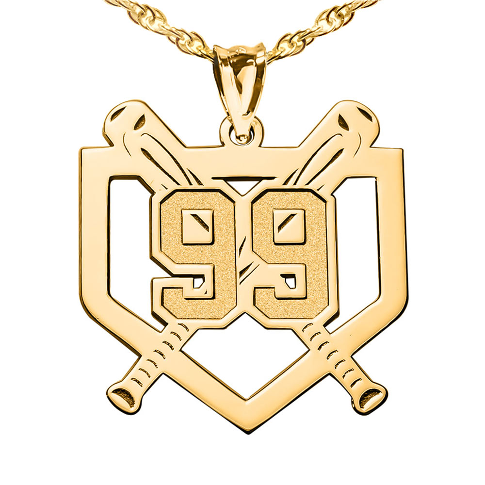 Gold necklace with a baseball pendant featuring the number 99 and baseball bats on a white background