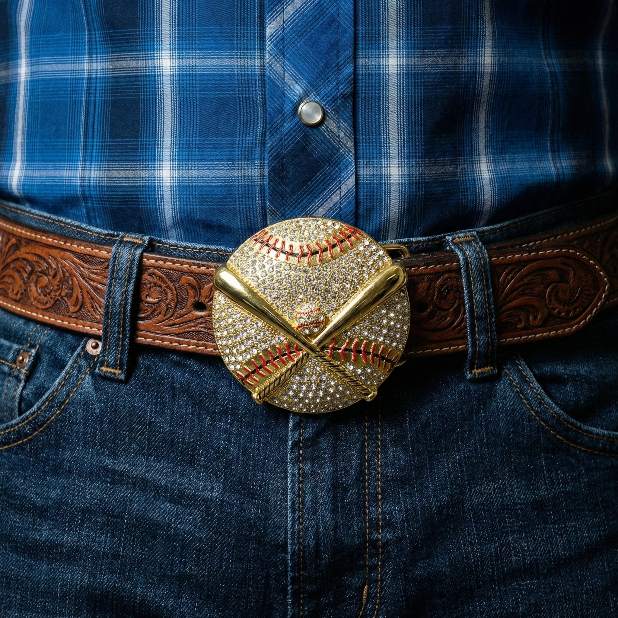 Close-up of gold baseball belt buckle on a person wearing a blue plaid shirt and jeans.