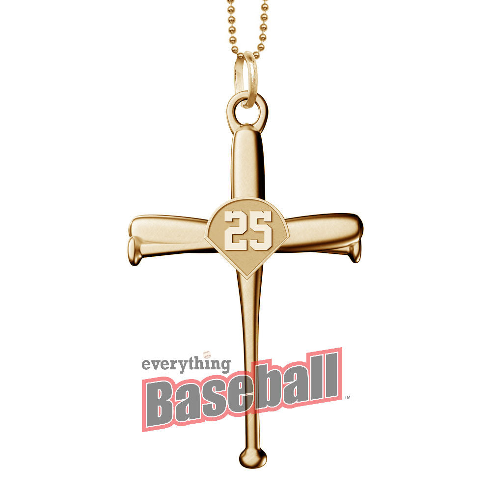 Gold cross-shaped pendant with number 25 on a white background, featuring 'everythingBaseball' logo.