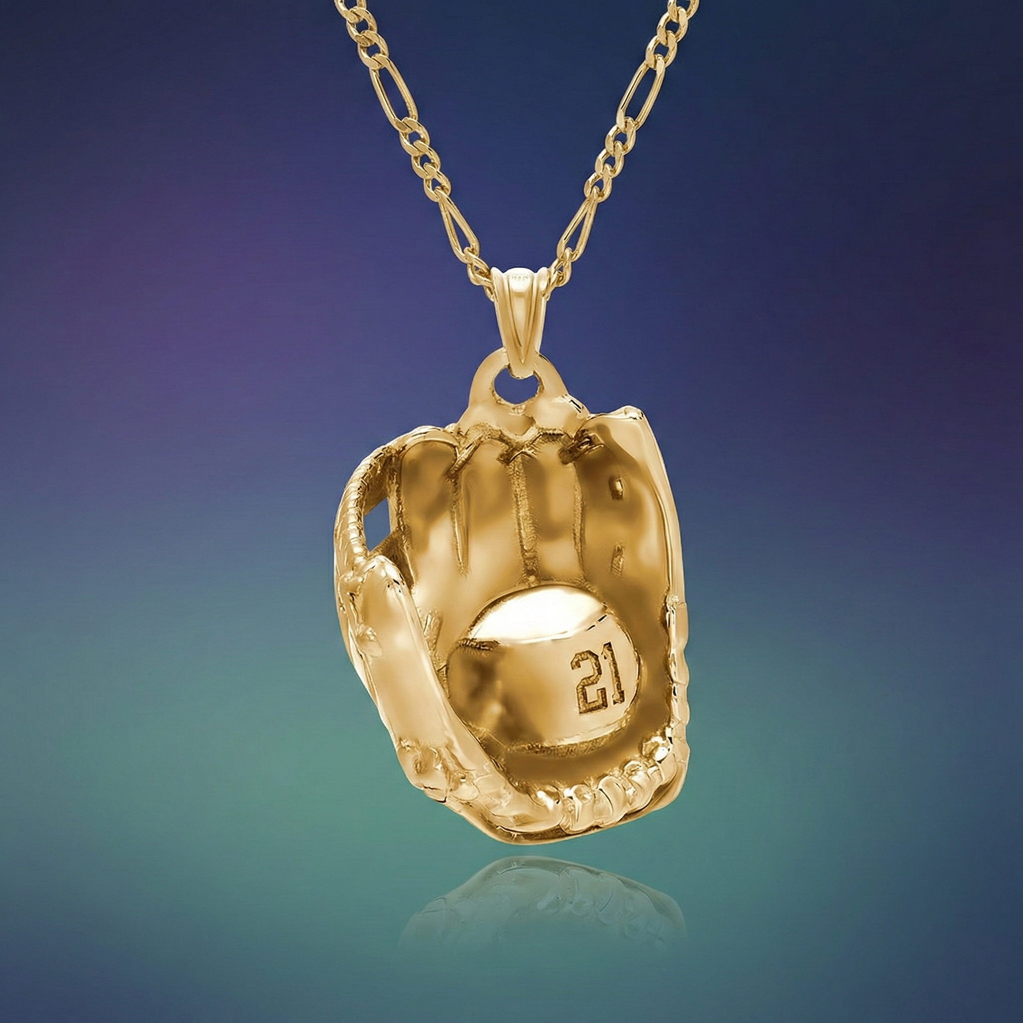 Gold baseball glove custom number pendant on a chain against a gradient blue background