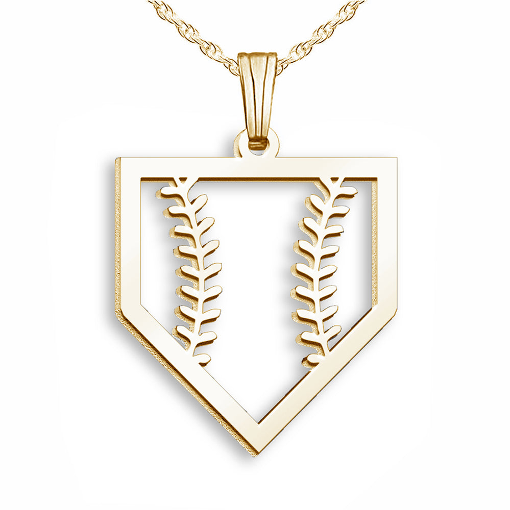 Gold necklace with a shield-shaped pendant featuring leaf designs on a white background