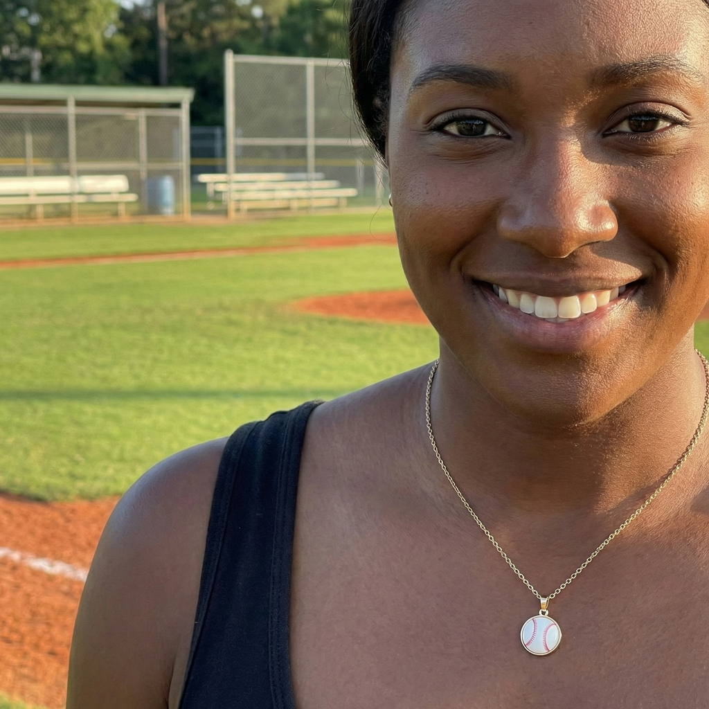 Woman wearing gold baseball necklace smiling with a baseball field in the background
