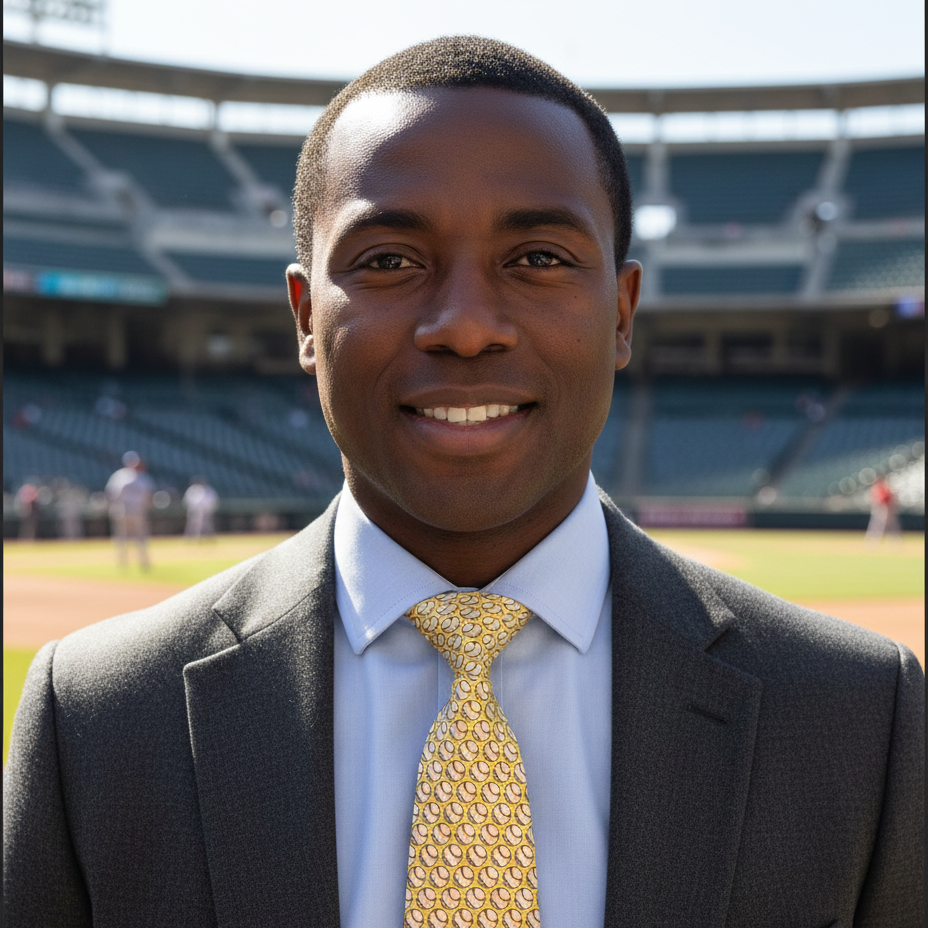 Man in a suit with a gold tie standing in front of a baseball stadium.
