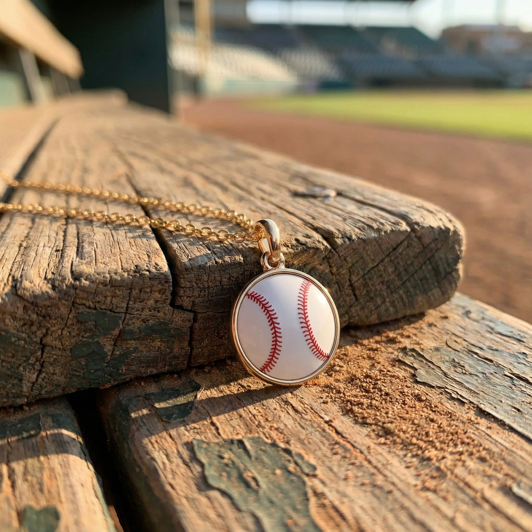 Baseball necklace on a wooden bench with a baseball field background