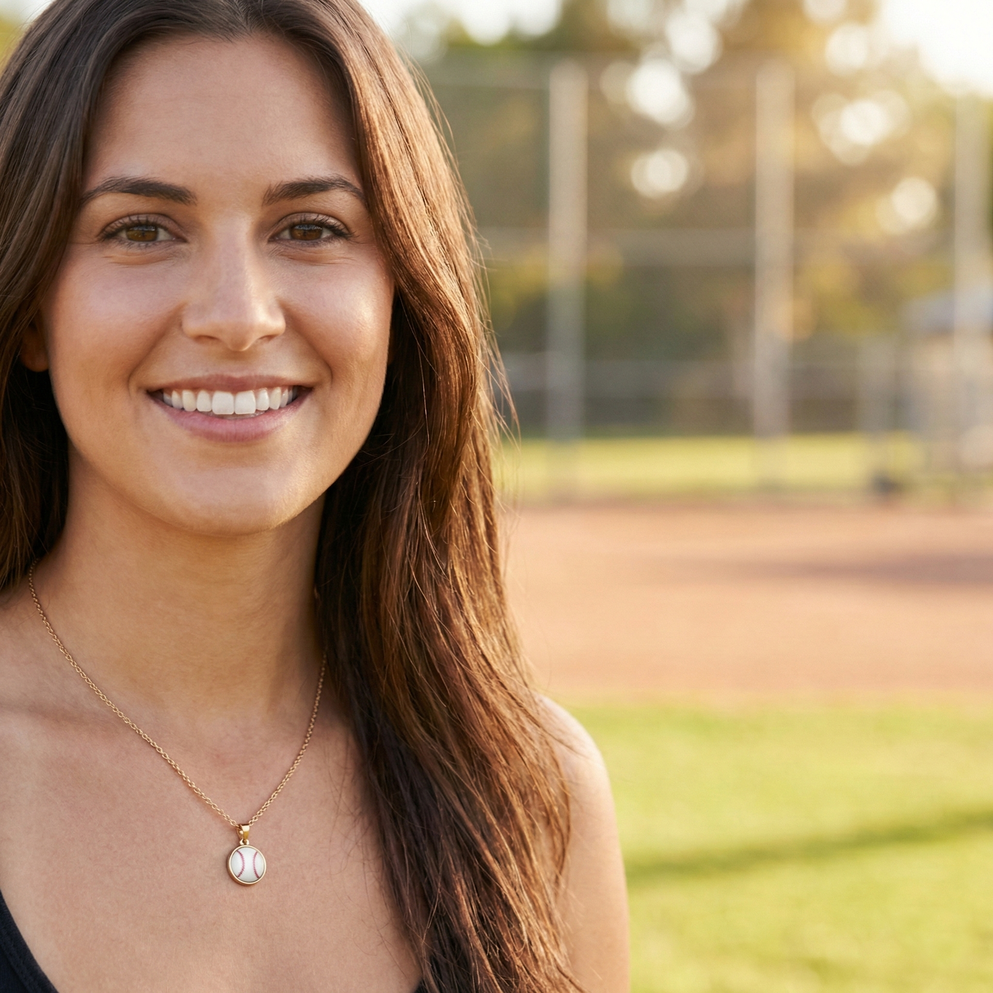 Woman with a gold baseball necklace standing on a sports field