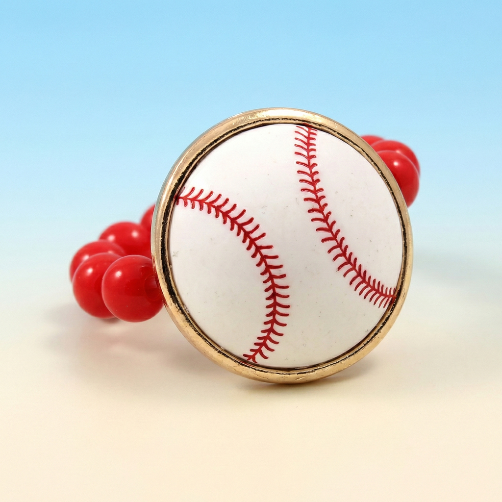 Baseball-themed stretch ring with red accents on a light blue background