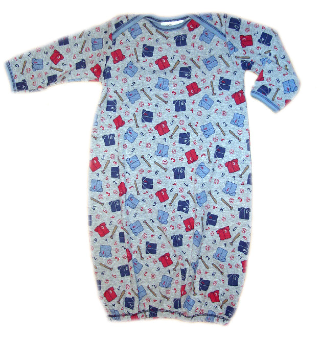 Baby onesie with baseball-themed pattern on a white background
