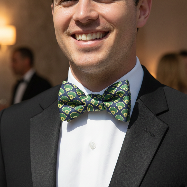 Man wearing a black tuxedo with a green and blue patterned bow tie, smiling.