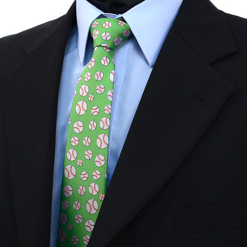 Green tie with baseball pattern worn with a black suit and light blue shirt