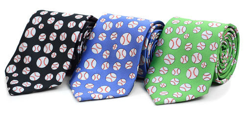 Three folded ties with baseball pattern in black, blue, and green on a white background