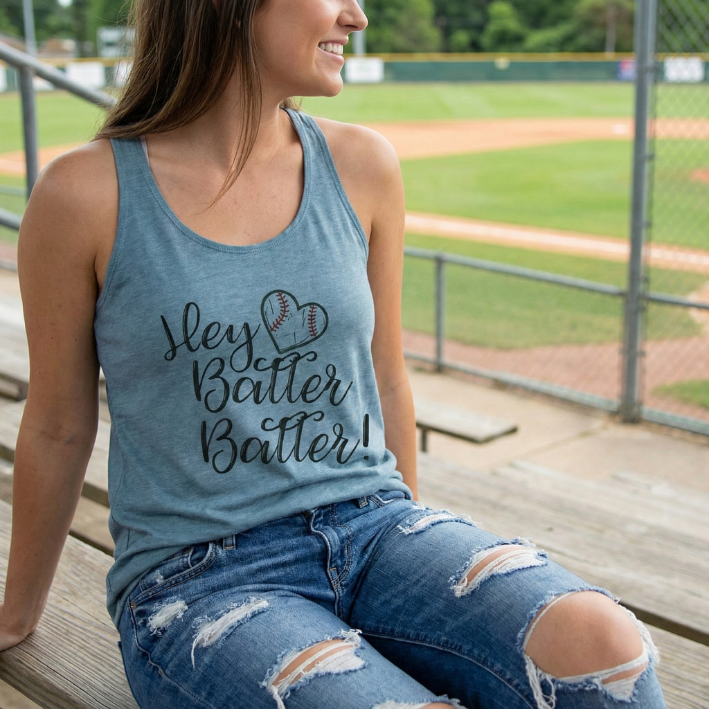 Woman wearing a tank top with 'Hey Batter Batter!' text at a baseball field.