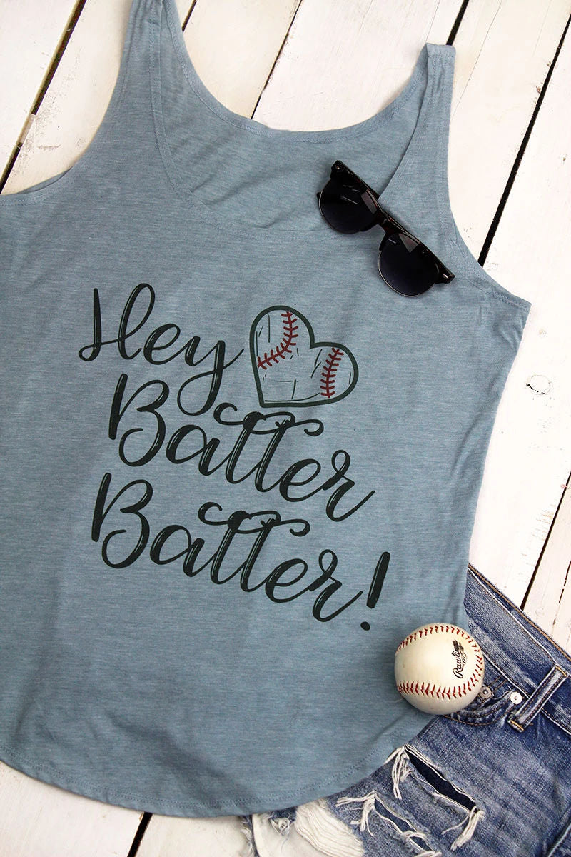 Blue tank top with 'Hey Batter Batter!' text, sunglasses, and baseball on a wooden surface