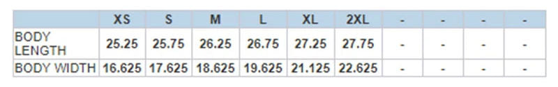 Measurement chart for body length and width with size labels from XS to 2XL.
