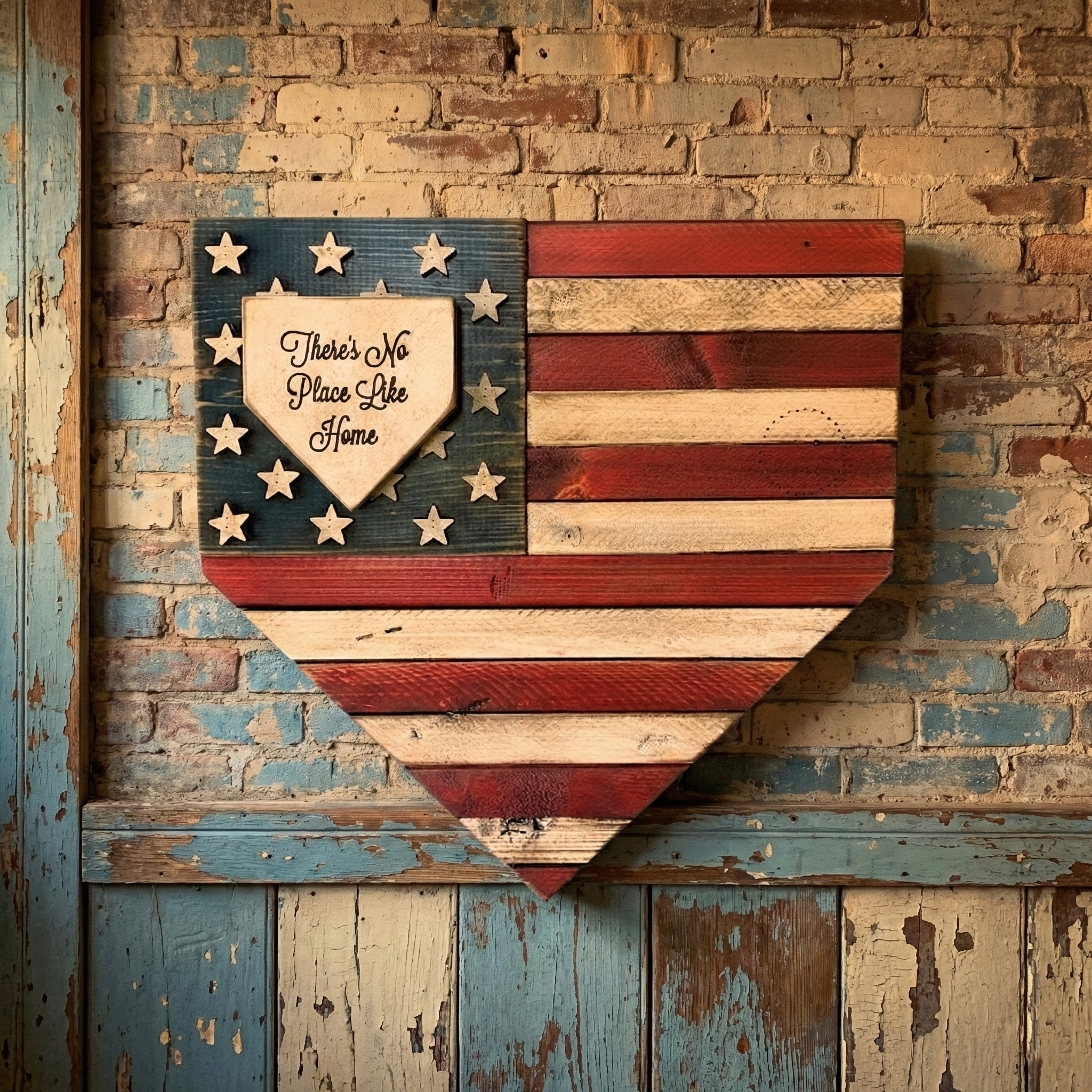 Wooden American flag home plate baseball sign with 'There's No Place Like Home' on a rustic brick wall.