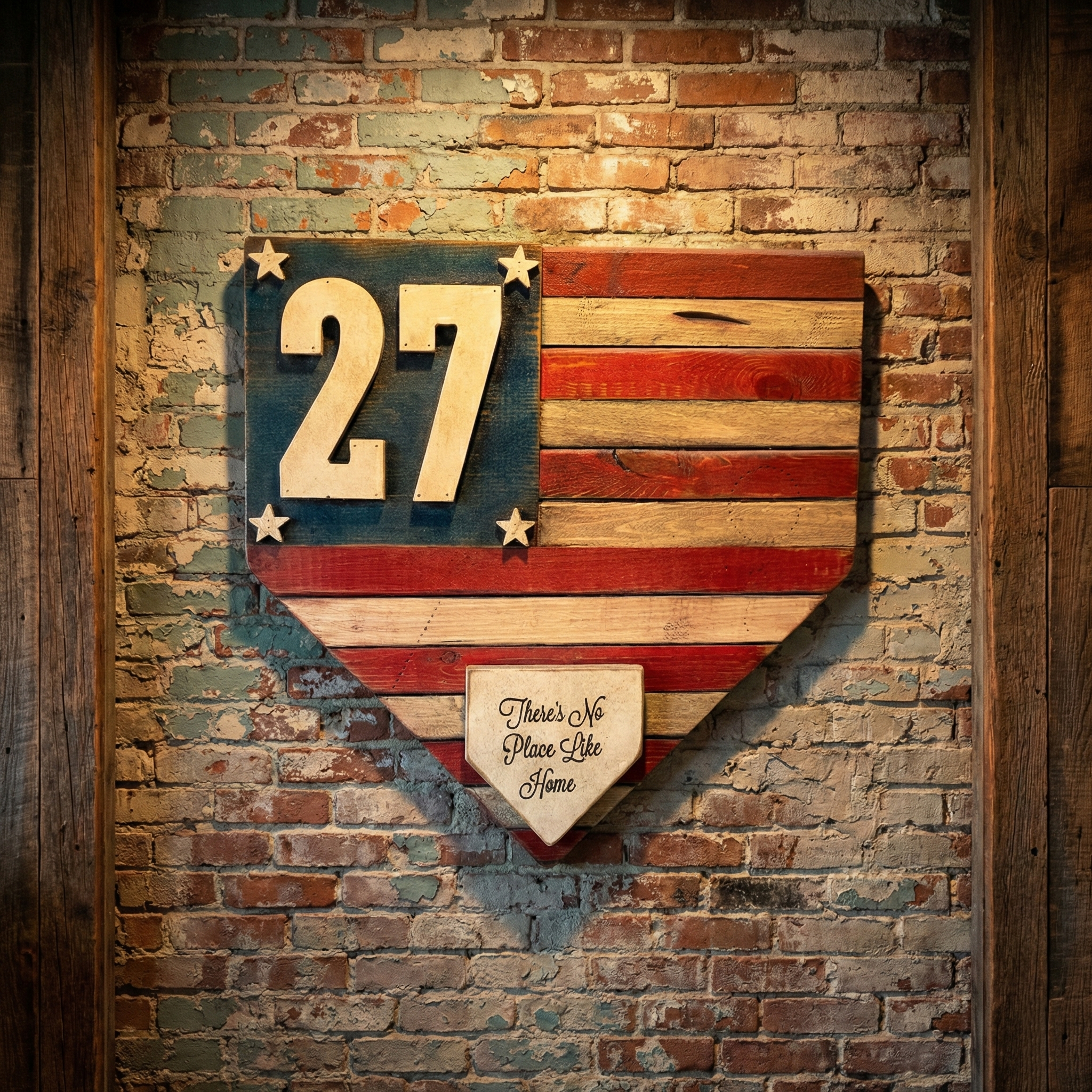 Wooden American flag home plate shaped baseball sign with number 27 and 'There's No Place Like Home' on a brick wall.