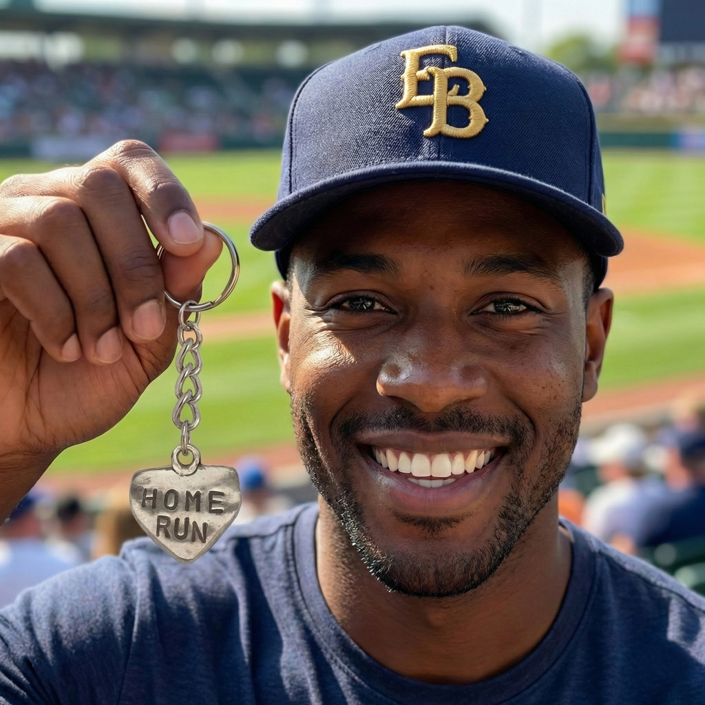handsome baseball fan holding pewter home run key chain at the ballpark
