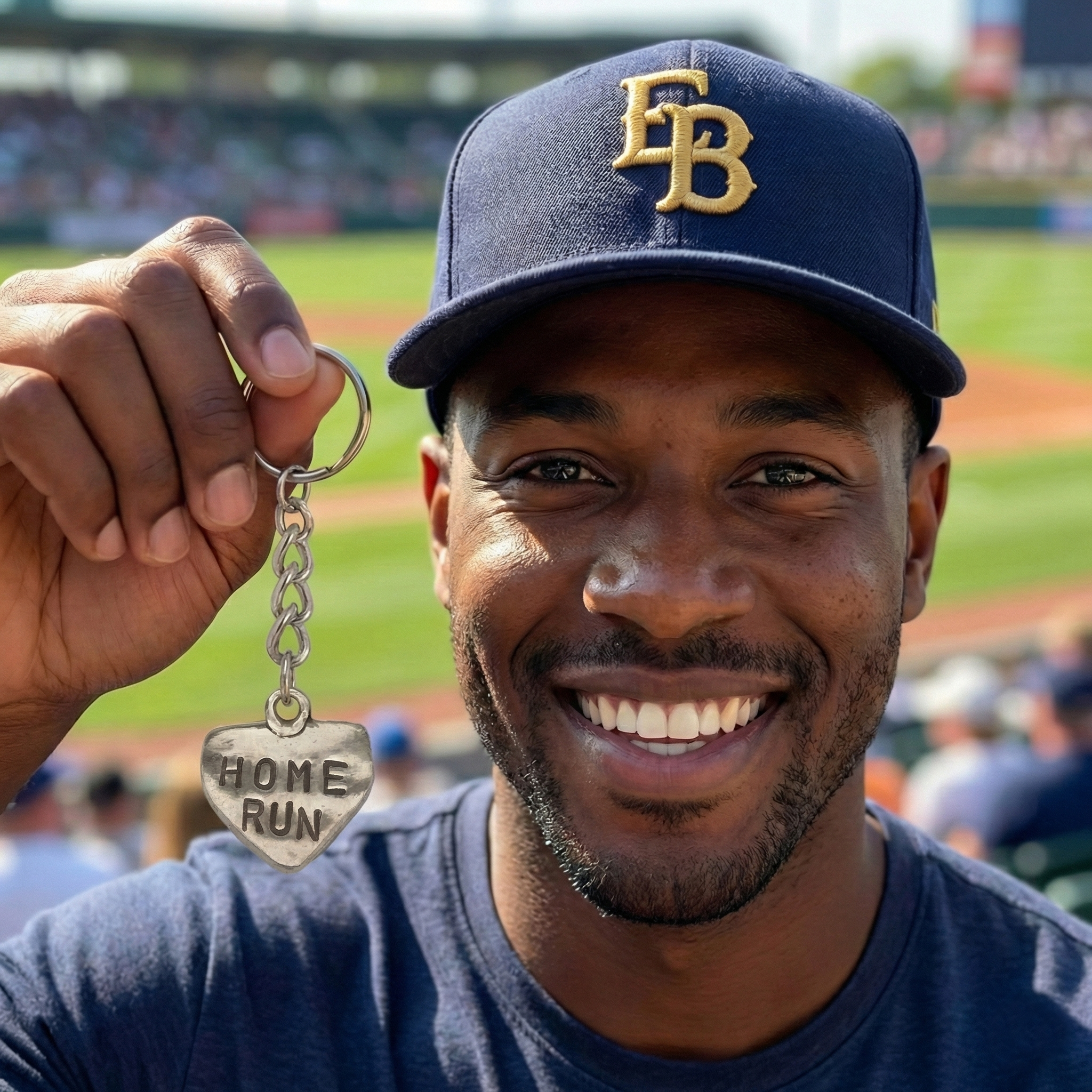 handsome baseball fan holding pewter home run key chain at the ballpark